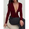 image:imageSOLY HUX Womens Deep V Neck T Shirt Long Sleeve Metal Decor Draped Front Ruched Asymmetrical TopsPure Burgundy