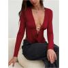 image:imageSOLY HUX Womens Deep V Neck T Shirt Long Sleeve Metal Decor Draped Front Ruched Asymmetrical TopsPure Red