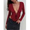 image:imageSOLY HUX Womens Deep V Neck T Shirt Long Sleeve Metal Decor Draped Front Ruched Asymmetrical TopsPure Red