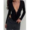 image:imageSOLY HUX Womens Deep V Neck T Shirt Long Sleeve Metal Decor Draped Front Ruched Asymmetrical TopsSolid Black