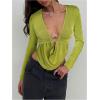 image:imageSOLY HUX Womens Deep V Neck T Shirt Long Sleeve Metal Decor Draped Front Ruched Asymmetrical TopsSolid Green