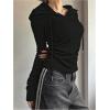 image:imageSOLY HUX Womens Hooded T Shirt Drawstring Long Sleeve Ribbed Knit Ruched Tee Fall TopsPlain Black