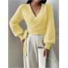 image:imageSOLY HUX Womens Long Sleeve V Neck Wrap Belted Sweater Elegant Office Knitted Crop Tops Fall OutfitsPlain Yellow