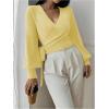 image:imageSOLY HUX Womens Long Sleeve V Neck Wrap Belted Sweater Elegant Office Knitted Crop Tops Fall OutfitsPlain Yellow