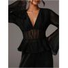 image:imageSOLY HUX Womens Mesh Long Sleeve Top Deep V Neck See Through Peplum Blouse Shirts Date Night OutfitPlain Black
