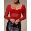 image:imageSOLY HUX Womens Mesh T Shirt Long Sleeve Sweetheart Neck Twist Draped Ruched Sheer Tee See Through Going Out TopsPure Red