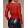 image:imageSOLY HUX Womens Mesh T Shirt Long Sleeve Sweetheart Neck Twist Draped Ruched Sheer Tee See Through Going Out TopsPure Red