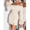 image:imageSOLY HUX Womens Off The Shoulder T Shirt Fuzzy Long Sleeve Slim Fitted Tee Going Out TopsPlain Apricot