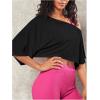 image:imageSOLY HUX Womens Off The Shoulder Tee Yoga Workout Crop Top Half Sleeve Asymmetrical Neck Activewear T ShirtPlain Black