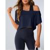 image:imageSOLY HUX Womens Off The Shoulder Tee Yoga Workout Crop Top Half Sleeve Asymmetrical Neck Activewear T ShirtPure Dark Blue