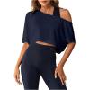 image:imageSOLY HUX Womens Off The Shoulder Tee Yoga Workout Crop Top Half Sleeve Asymmetrical Neck Activewear T ShirtPure Dark Blue
