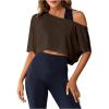 image:imageSOLY HUX Womens Off The Shoulder Tee Yoga Workout Crop Top Half Sleeve Asymmetrical Neck Activewear T ShirtPure Maroon