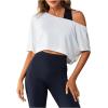 image:imageSOLY HUX Womens Off The Shoulder Tee Yoga Workout Crop Top Half Sleeve Asymmetrical Neck Activewear T ShirtSolid White