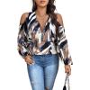 image:imageSOLY HUX Womens Plus Size Blouse Allover Print Cold Shoulder Bishop Long Sleeve Half Zip TopsBlack Printed