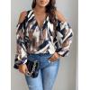 image:imageSOLY HUX Womens Plus Size Blouse Allover Print Cold Shoulder Bishop Long Sleeve Half Zip TopsBlack Printed