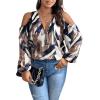 image:imageSOLY HUX Womens Plus Size Blouse Allover Print Cold Shoulder Bishop Long Sleeve Half Zip TopsBlack Printed