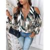 image:imageSOLY HUX Womens Plus Size Blouse Allover Print Cold Shoulder Bishop Long Sleeve Half Zip TopsGreen Printed