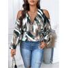 image:imageSOLY HUX Womens Plus Size Blouse Allover Print Cold Shoulder Bishop Long Sleeve Half Zip TopsGreen Printed