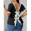 image:imageSOLY HUX Womens Plus Size Bow T Shirt Short Sleeve Crew Neck Tee Summer Open Back Going Out TopsBlack and White