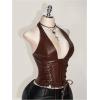 image:imageSOLY HUX Womens Plus Size Halter Tops PU Leather Deep V Neck Lace Up Backless Sleeveless Summer Crop Tank TopPlain Brown