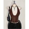 image:imageSOLY HUX Womens Plus Size Halter Tops PU Leather Deep V Neck Lace Up Backless Sleeveless Summer Crop Tank TopPlain Brown