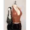 image:imageSOLY HUX Womens Plus Size Halter Tops PU Leather Deep V Neck Lace Up Backless Sleeveless Summer Crop Tank TopPure Brown