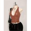 image:imageSOLY HUX Womens Plus Size Halter Tops PU Leather Deep V Neck Lace Up Backless Sleeveless Summer Crop Tank TopPure Brown