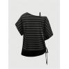 image:imageSOLY HUX Womens Plus Size Striped T Shirt Y2k Cold Shoulder Short Sleeve Summer Tops Drawstring Side Casual TeeBlack Striped