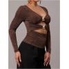 image:imageSOLY HUX Womens V Neck Cut Out T Shirt Long Sleeve Ruched Tee Slim Fitted Going Out TopsPure Brown