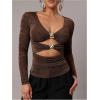 image:imageSOLY HUX Womens V Neck Cut Out T Shirt Long Sleeve Ruched Tee Slim Fitted Going Out TopsPure Brown