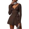 image:imageSOLY HUX Womens Deep V Neck Long Sleeve T Shirts Wrap Tie Side Yoga Fall Crop TopsCoffee Brown