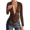 image:imageSOLY HUX Womens Deep V Neck T Shirt Long Sleeve Metal Decor Draped Front Ruched Asymmetrical TopsPure Brown