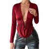 image:imageSOLY HUX Womens Deep V Neck T Shirt Long Sleeve Metal Decor Draped Front Ruched Asymmetrical TopsPure Red