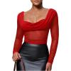 image:imageSOLY HUX Womens Mesh T Shirt Long Sleeve Sweetheart Neck Twist Draped Ruched Sheer Tee See Through Going Out TopsPure Red