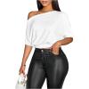 image:imageSOLY HUX Womens Off The Shoulder Crop Top Asymmetrical Neck Business Casual T Shirts Office OutfitPlain White