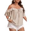 image:imageSOLY HUX Womens Plus Size Cold Shoulder Blouse Ruffle Trim Tie Front Shirts Casual Swiss Dots TopsPlain Apricot