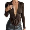 image:imageSOLY HUX Womens Plus Size Ruched Cowl Neck T Shirt Long Sleeve Asymmetrical Party Club TopsPlain Brown