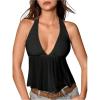 image:imageSOLY HUX Womens Tie Backless Sleeveless Halter Tops Deep V Neck Peplum Ruffle Mesh Sheer Summer Crop TopPlain Black