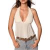 image:imageSOLY HUX Womens Tie Backless Sleeveless Halter Tops Deep V Neck Peplum Ruffle Mesh Sheer Summer Crop TopSolid Apricot