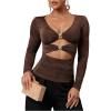 image:imageSOLY HUX Womens V Neck Cut Out T Shirt Long Sleeve Ruched Tee Slim Fitted Going Out TopsPure Brown