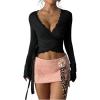 image:imageSOLY HUX Womens Y2k Lace Crop Tops Deep V Neck Long Sleeve Wrap Tie Side T Shirt Going Out Top Coquette ClothesPure Black