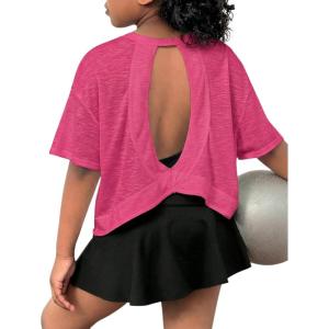 image:imageSOLY HUX Girls Open Back Workout Tops Short Sleeve Crew Neck Running Sports T Shirts Summer ClothesHot Pink