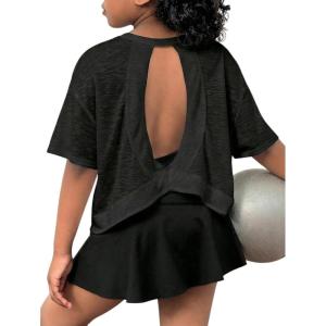 image:imageSOLY HUX Girls Open Back Workout Tops Short Sleeve Crew Neck Running Sports T Shirts Summer ClothesPlain Black