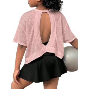 image:imageSOLY HUX Girls Open Back Workout Tops Short Sleeve Crew Neck Running Sports T Shirts Summer ClothesPlain Pink