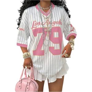 image:imageSOLY HUX Jersey Shirts for Women Y2k Oversized T Shirt Striped Number Graphic Tees V Neck Half Sleeve Streetwear TopsPink Number Graphic