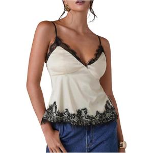 image:imageSOLY HUX Lace Cami Silk Camisole Tops for Women Summer Going Out Spaghetti Strap Satin Tank TopApricot