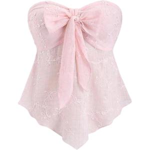 image:imageSOLY HUX Womens Bow Tie Front Tube Tops Strapless Sleeveless Bandeau Asymmetric Flowy Summer TopPlain Pink