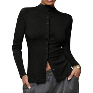 image:imageSOLY HUX Womens Button Down T Shirt Mock Neck Long Sleeve Tee Fitted Casual Fall TopsPure Black