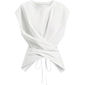 image:imageSOLY HUX Womens Crop Top Wrap Tie Back Crew Neck T Shirts Asymmetrical Tee Summer ClothesPlain White