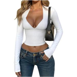 image:imageSOLY HUX Womens Deep V Neck Long Sleeve Cropped T Shirts Slim Fit Going Out Crop TopsPlain White